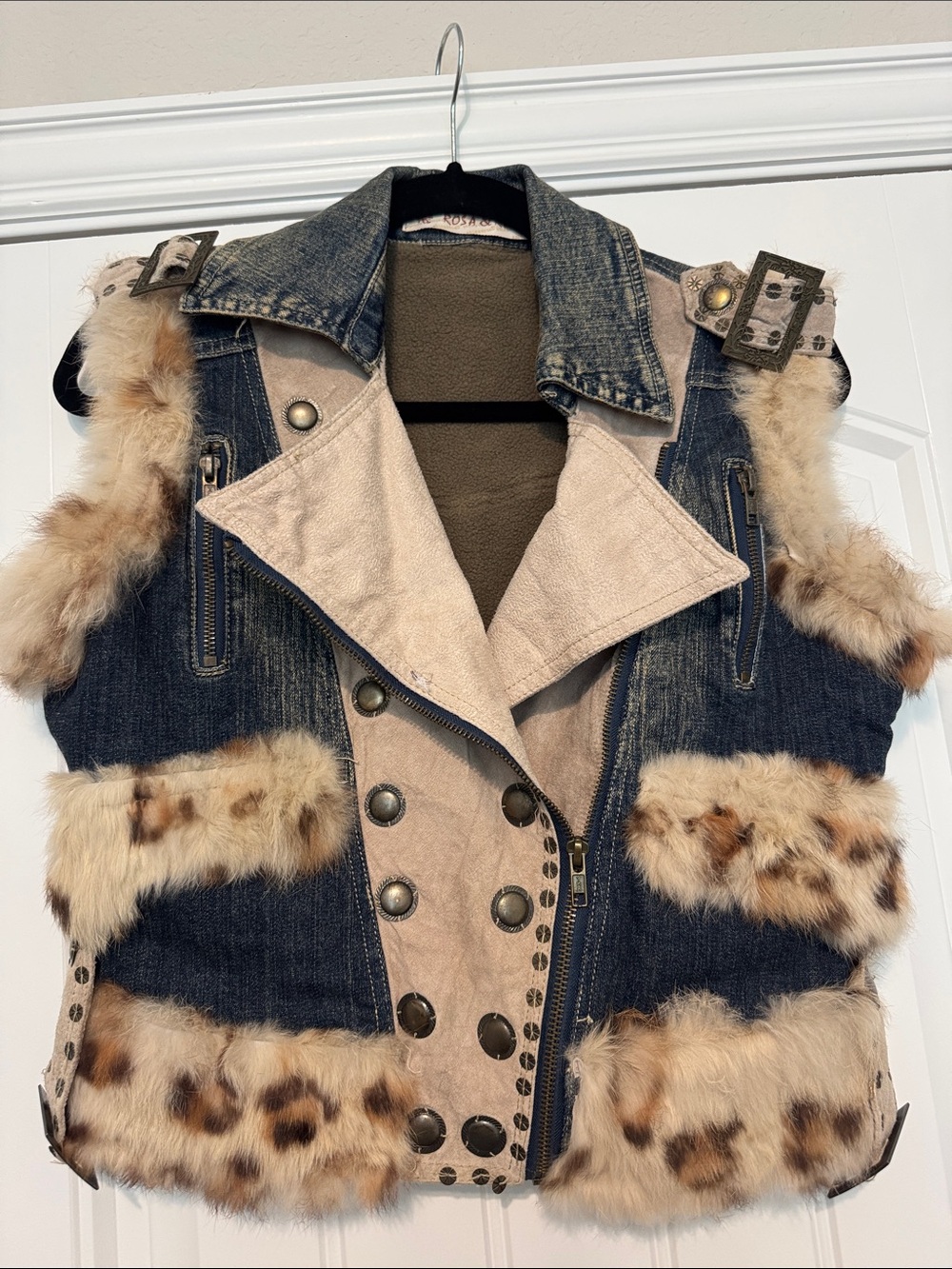 Fur Trim Cropped Moto Vest with Genuine Leather - Beige & Dark Denim